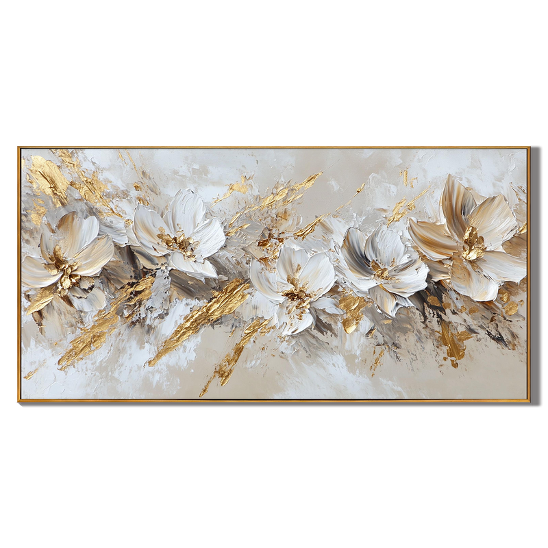 Divine Wings – Modern White & Gold Leaf Relief Floral Painting | Modern Luxury Botanical Bedroom & Living Room Art