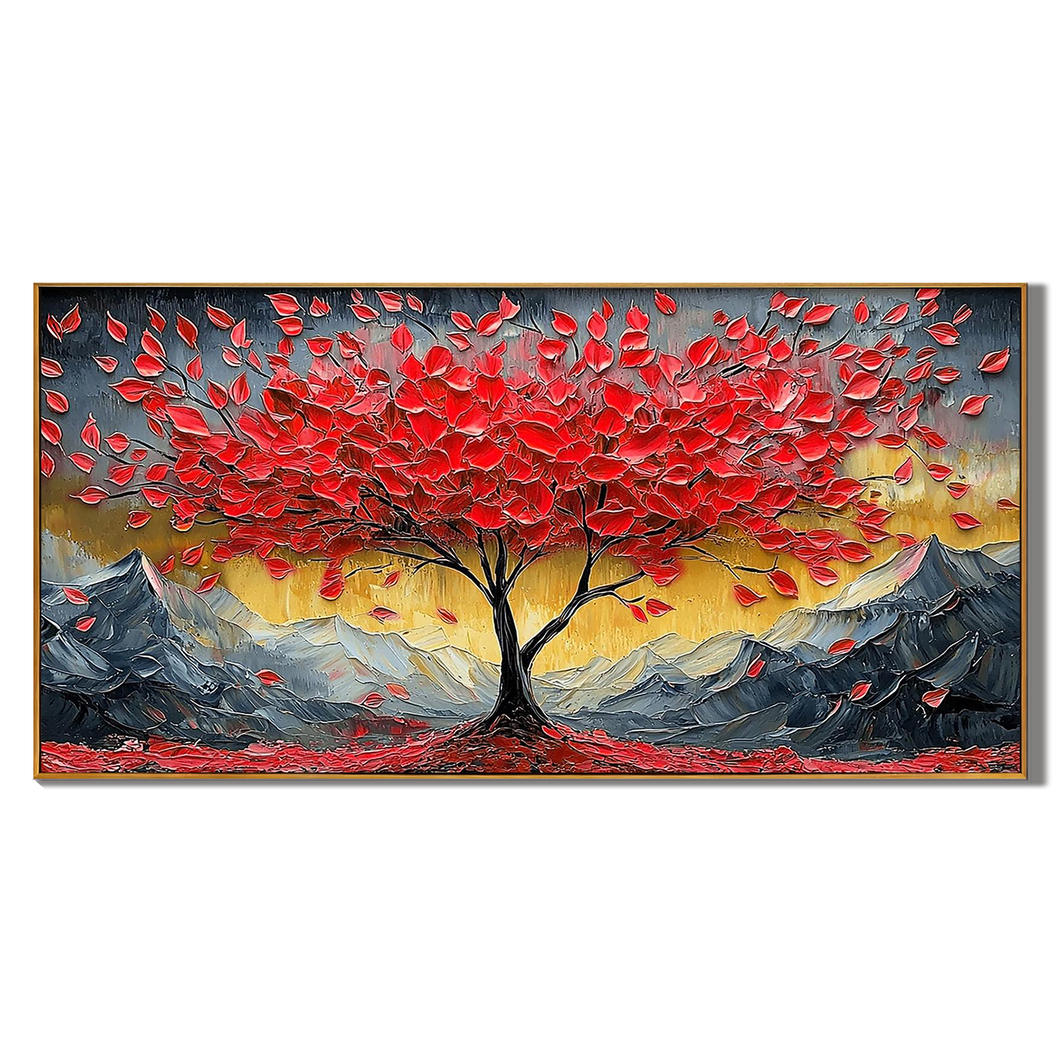 CRIMSON PEAK: Tree Wall Art, Hand-Painted Red Leaf Money Tree Snow Mountain Palette Knife Oil Painting