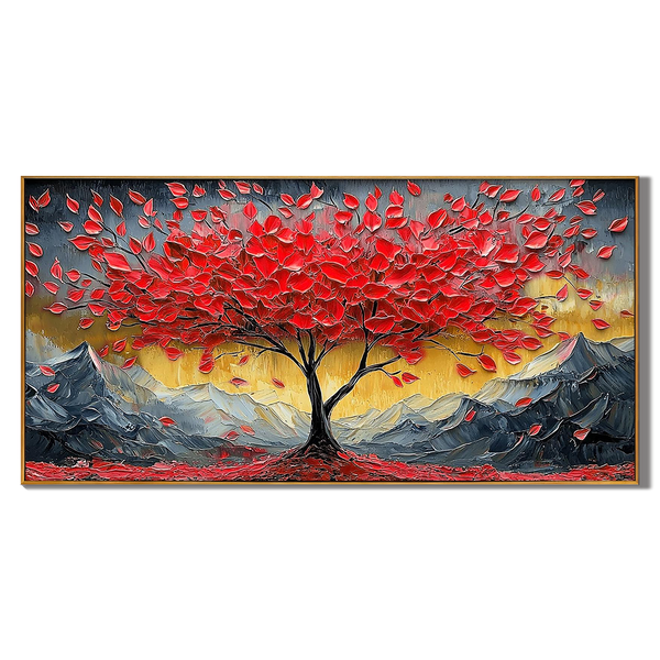 Crimson Peak – Hand-Painted Red Leaf Money Tree Snow Mountain Palette Knife Oil Tree Painting | Contemporary Mountain Living Room & Home Office Art