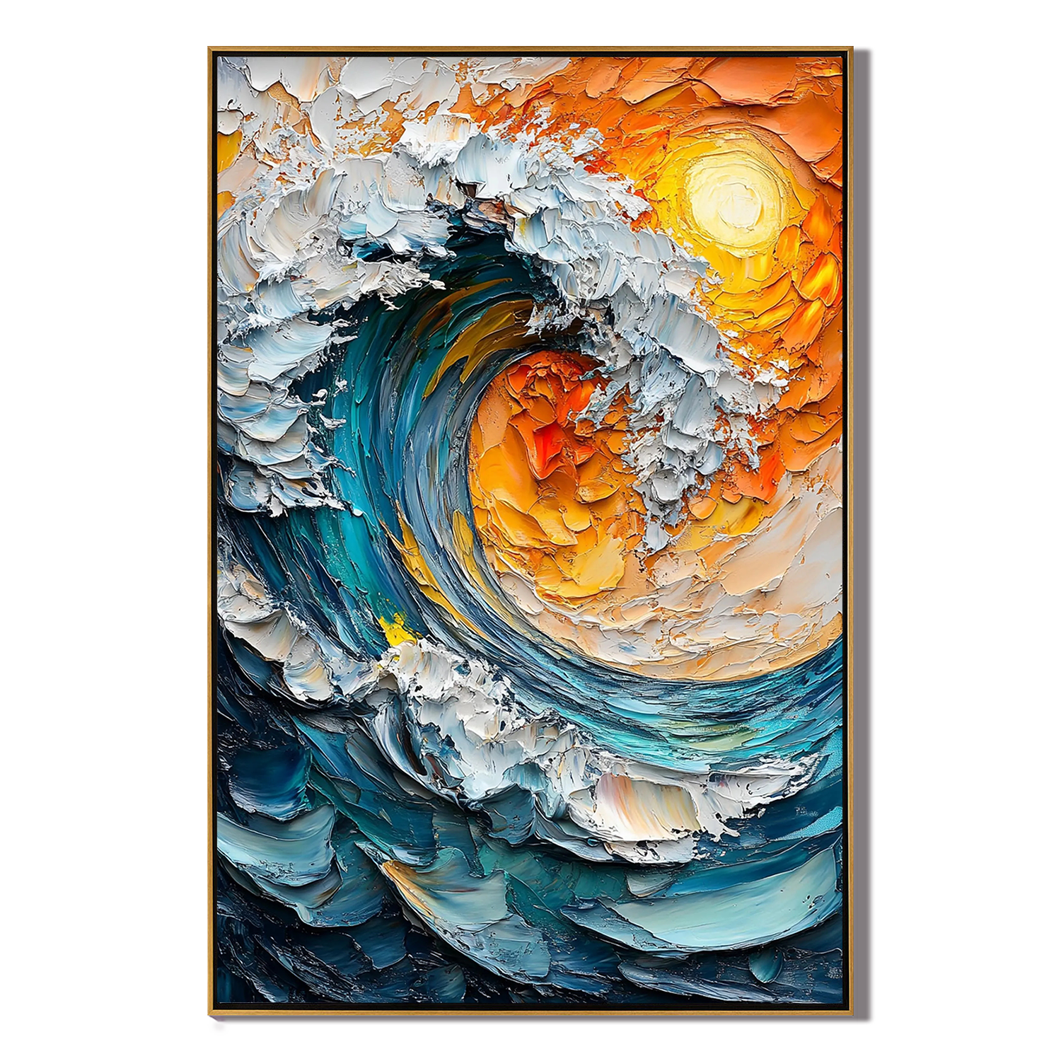 SOLAR WAVE: Nature Wall Art, Hand-Painted Sunset Orange and Teal Blue 3D Palette Knife Heavy Texture Canvas Art