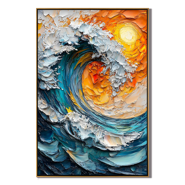 Solar Wave – Hand-Painted Sunset Orange and Teal Blue 3D Palette Knife Nature Painting | Modern Abstract Living Room & Office Art