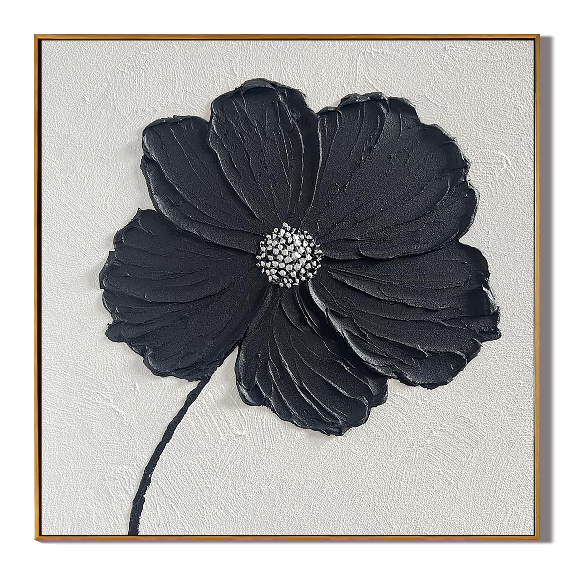 MIDNIGHT PETAL: Modern Square 3D Heavy Texture Flower Wall Art, Black Minimalist Plaster Relief