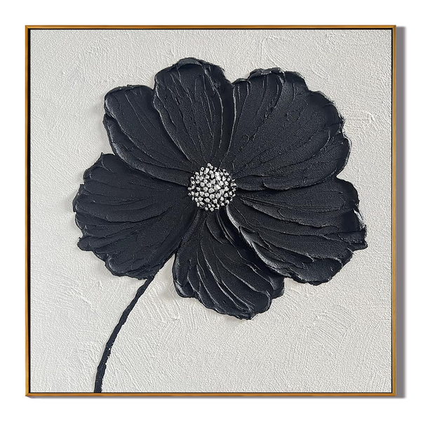 Midnight Petal – Black Minimalist Plaster Relief Floral Painting | Contemporary Botanical Bedroom & Living Room Art