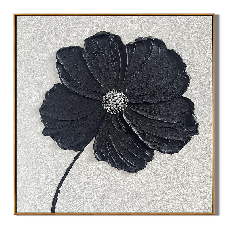 Midnight Petal – Black Minimalist Plaster Relief Floral Painting | Contemporary Botanical Bedroom & Living Room Art