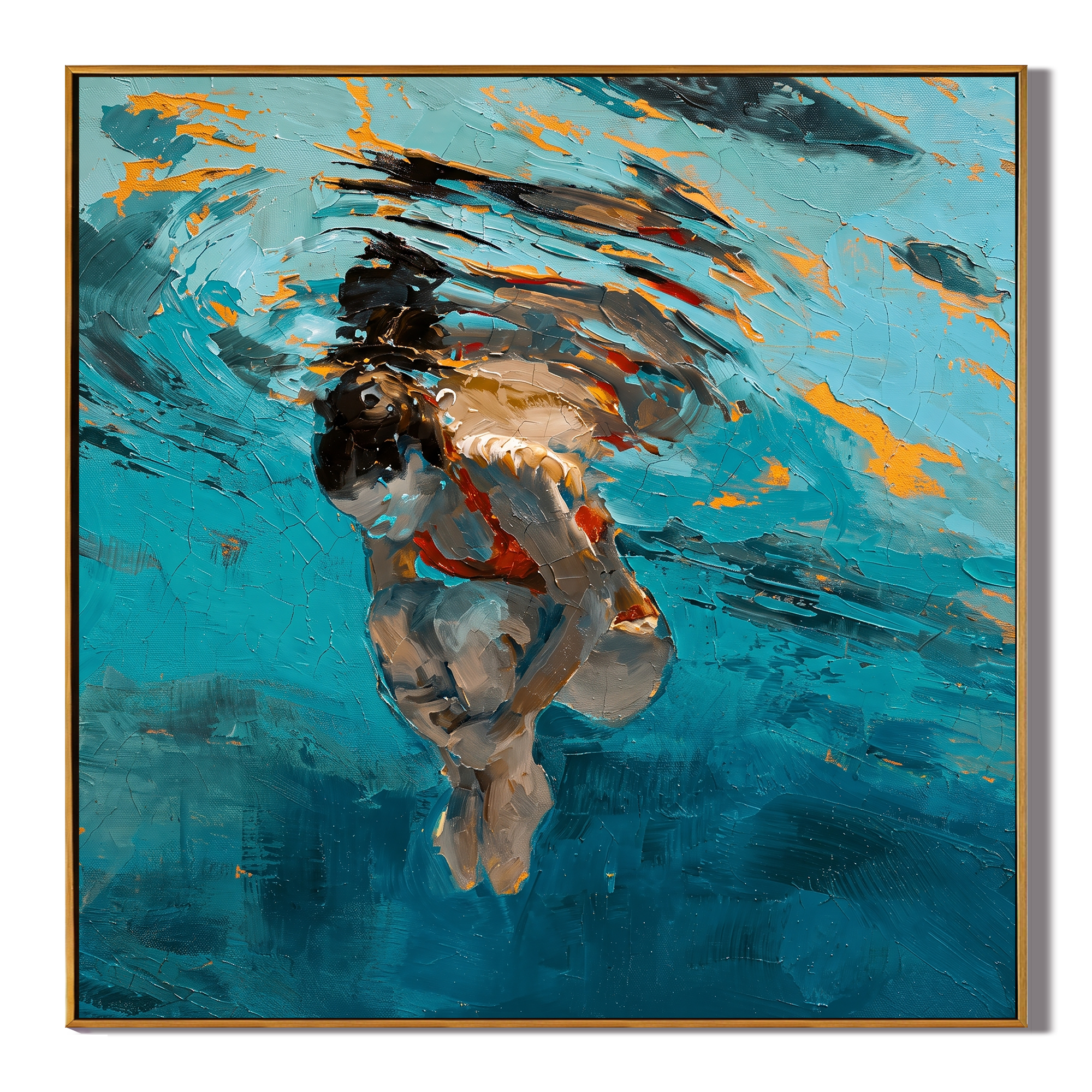 Deep Drift – Abstract Teal & Gold Underwater Swimmer Painting | Serene Coastal Bedroom Art
