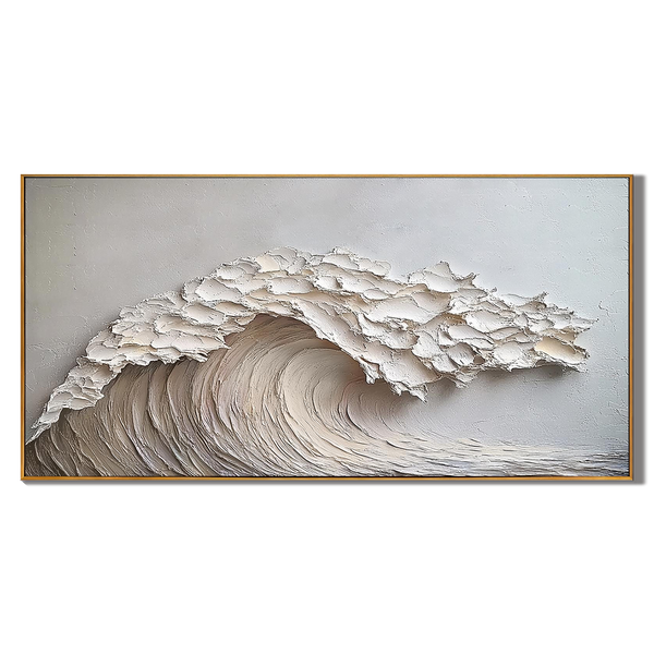 Snow Tide – Hand-Painted Minimalist White Ocean Wave 3D Plaster Relief Texture Painting | Coastal Modern Living Room & Bedroom Art