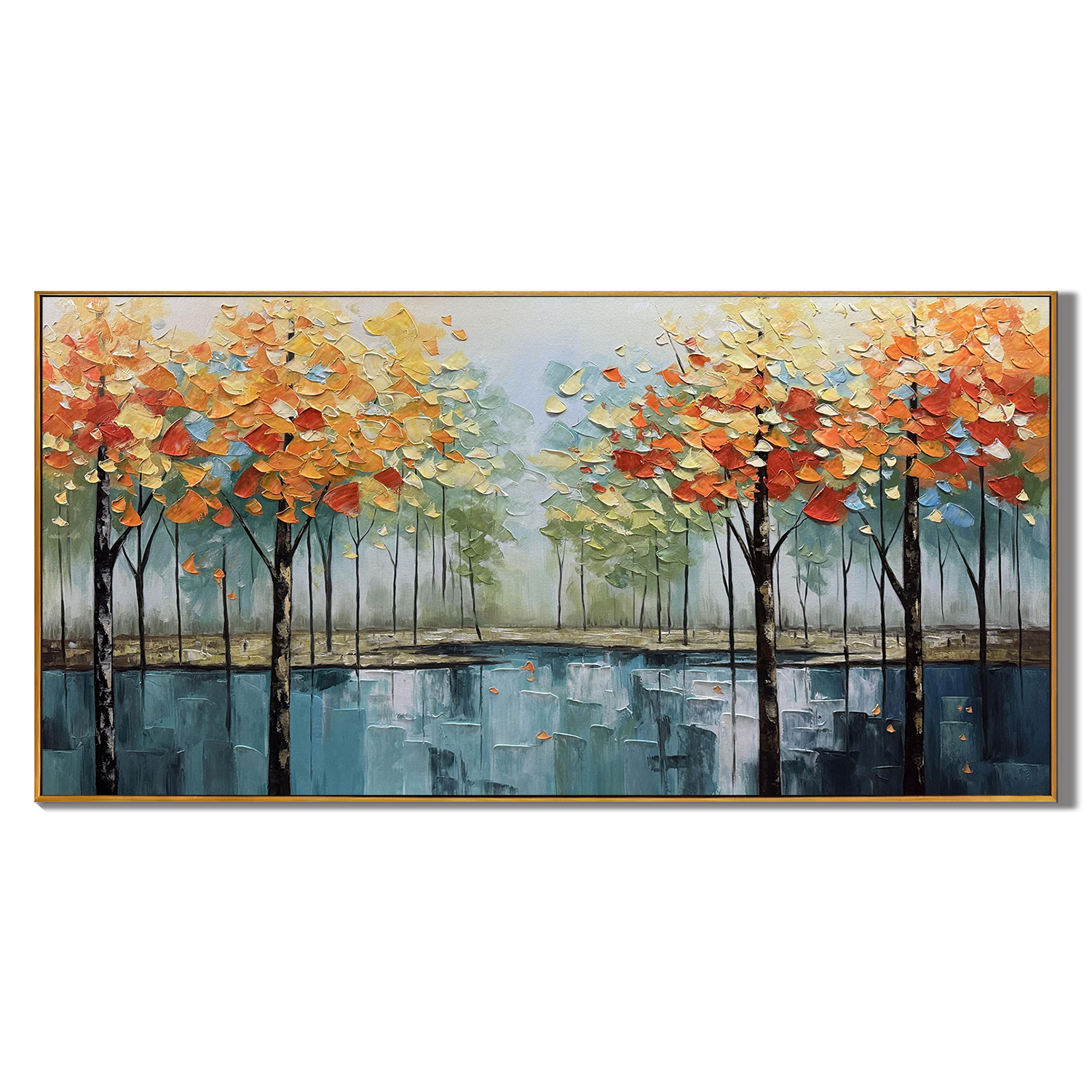 AUTUMN REFLECTION: Flower-Tree Art, Hand-Painted Horizontal Orange and Teal Birch Forest 3D Textured Gallery Art