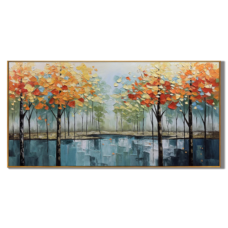 Autumn Reflection – Hand-Painted Orange and Teal Birch Forest Floral Painting | Contemporary Botanical Bedroom & Living Room Art
