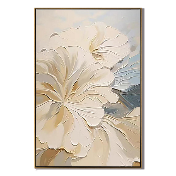 Serenade in Bloom – Modern French Cream Textured Painting | Romantic Blue & Beige Floral Bedroom Art