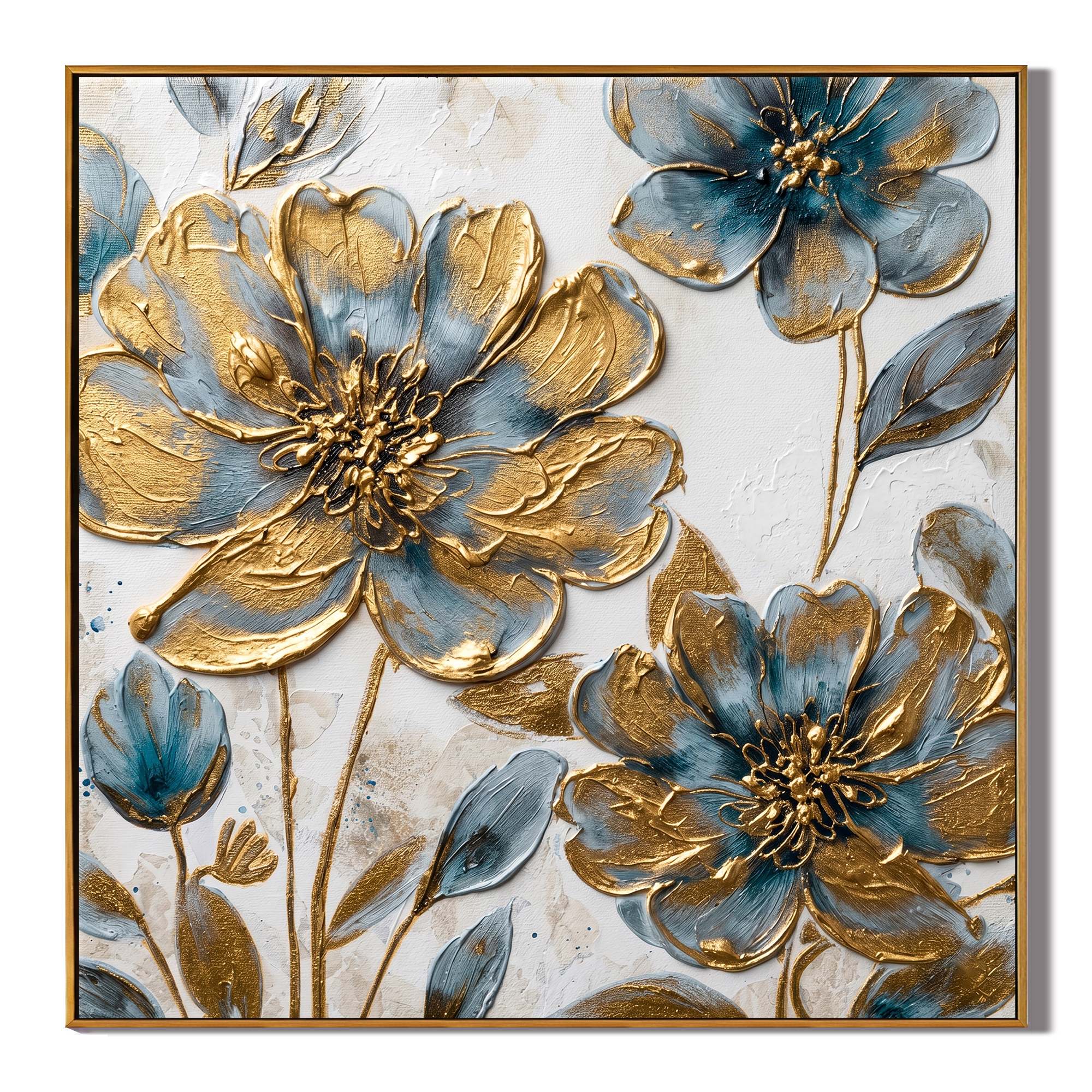 Gilded Azure – Modern Luxury Blue and Gold Impasto Floral Canvas | Elegant Entryway Wall Art