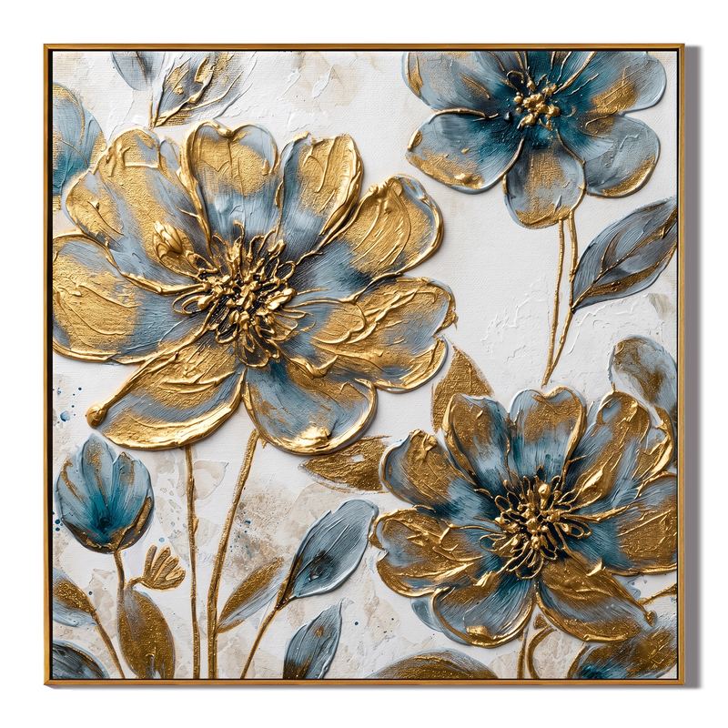 Gilded Azure – Modern Luxury Blue and Gold Impasto Floral Canvas | Elegant Entryway Wall Art