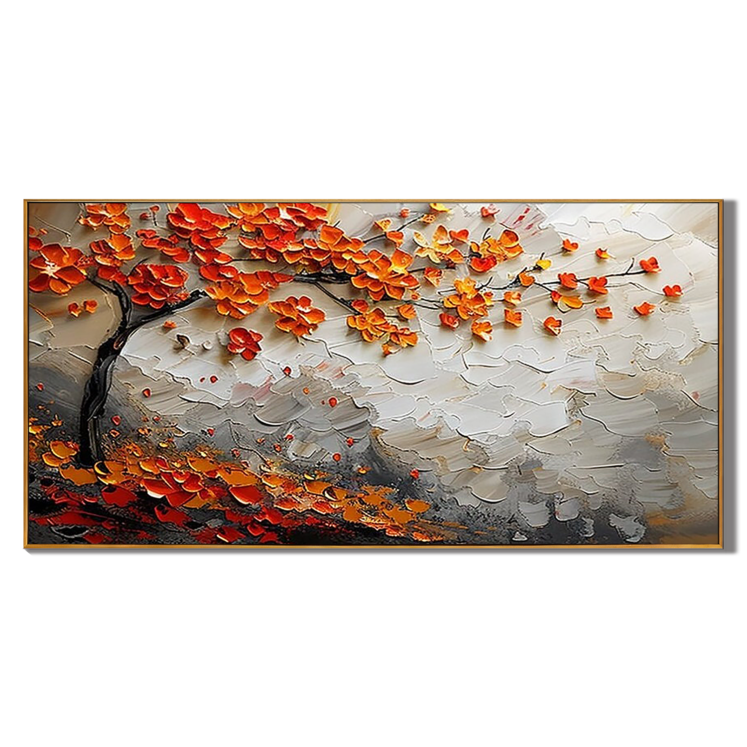 Autumn Anthem – Modern Orange and Crimson Blossom Tree Painting | Luxury Textured  Living Room Art