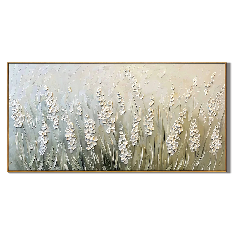 Wild Lavender – Hand-Painted Sage Green 3D Impasto Heavy Texture Plaster Floral Painting | Tropical Botanical Bedroom & Dining Room Art
