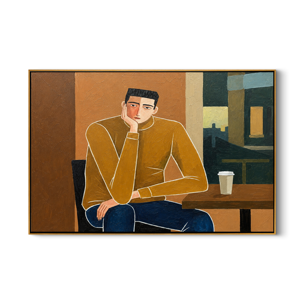 The Long Pause – Vintage Americana Solitary Figure at Café Window Painting | Contemporary Urban Living Room Art