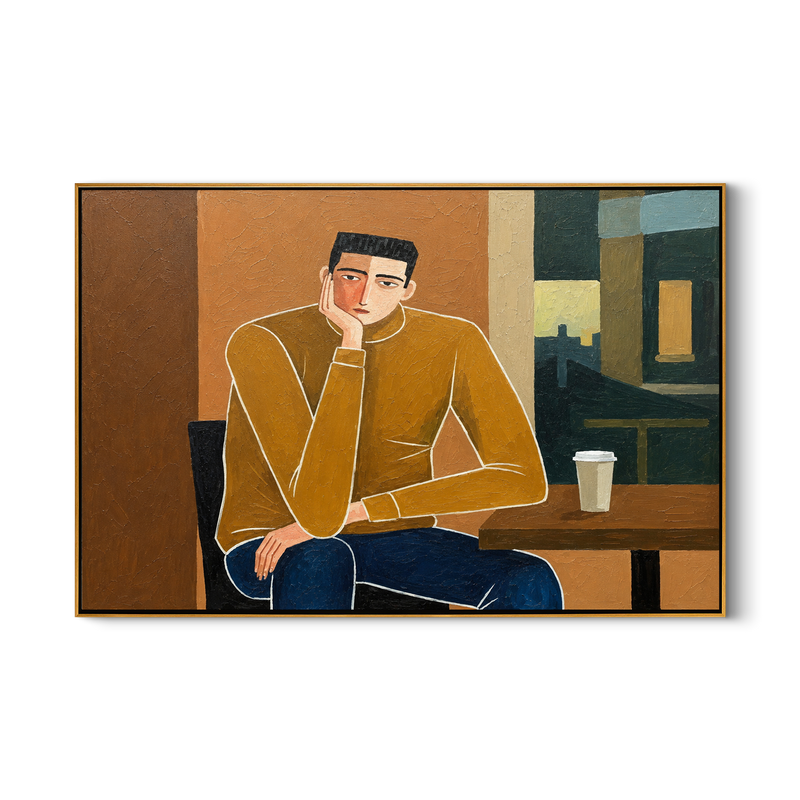 The Long Pause – Vintage Americana Solitary Figure at Café Window Painting | Contemporary Urban Living Room Art