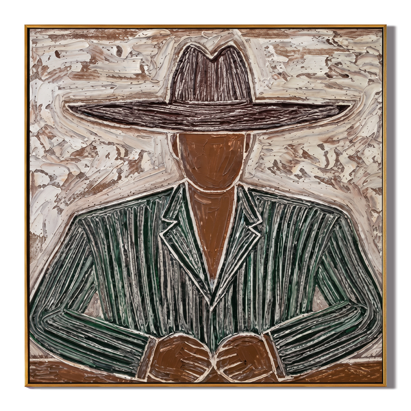 The Green Suit – Vintage Americana Cowboy Portrait in Pinstripe Jacket Painting | Rustic Modern Living Room Art