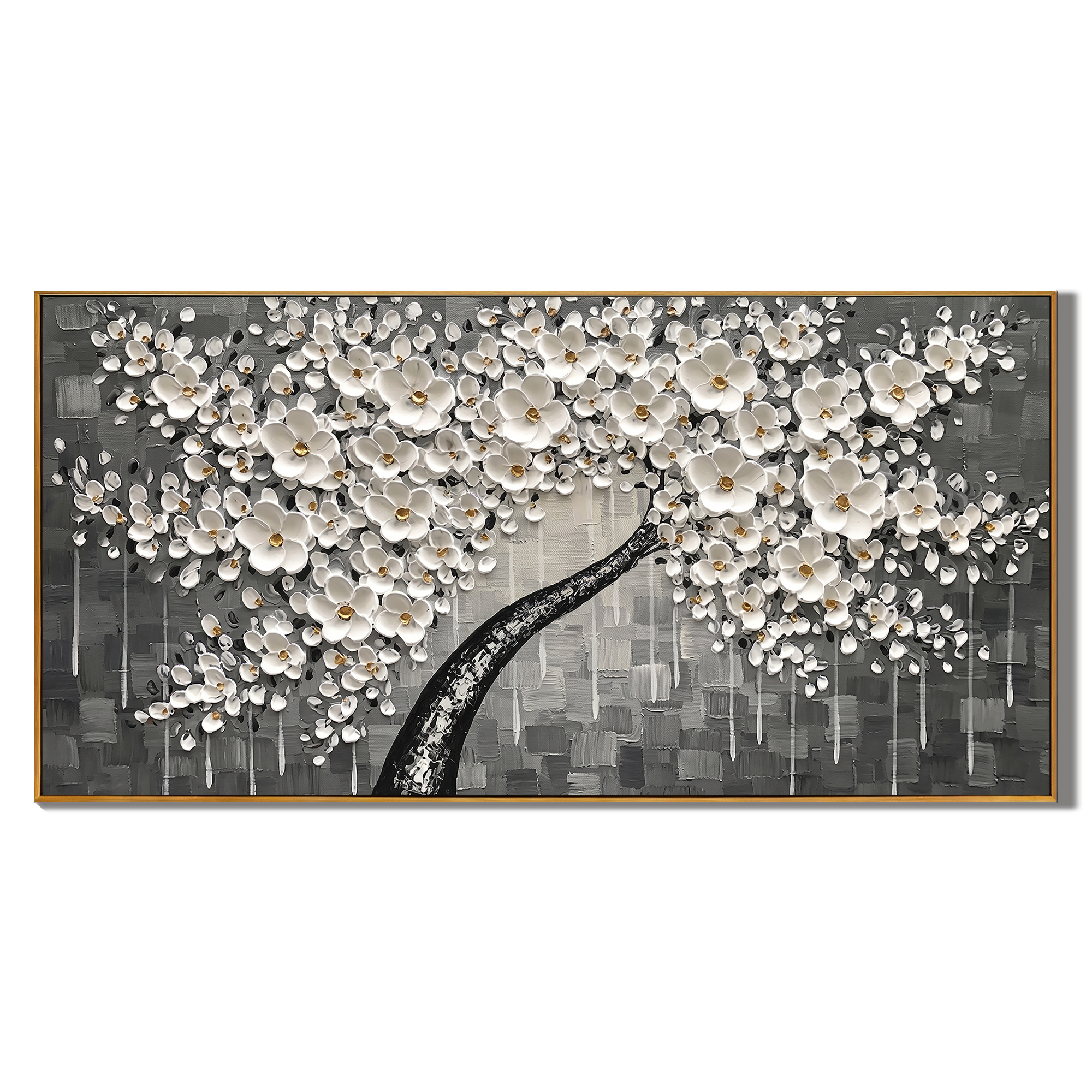 Alabaster Serenade – Modern Ash Grey Impasto White Flower Tree | Minimalist Wabi-Sabi Living Room Art