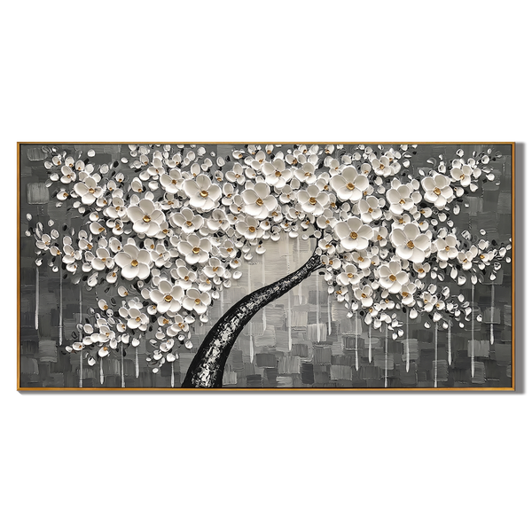 Alabaster Serenade – Modern Ash Grey Impasto White Flower Tree | Minimalist Wabi-Sabi Living Room Art