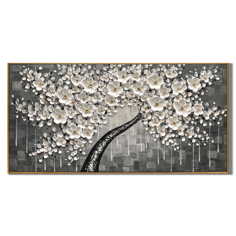 Alabaster Serenade – Modern Ash Grey Impasto White Flower Tree | Minimalist Wabi-Sabi Living Room Art