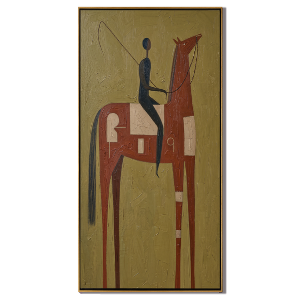 The Rust Rider – Vintage Americana Rider on Terracotta Horse Painting | Bold Rustic Hallway Art