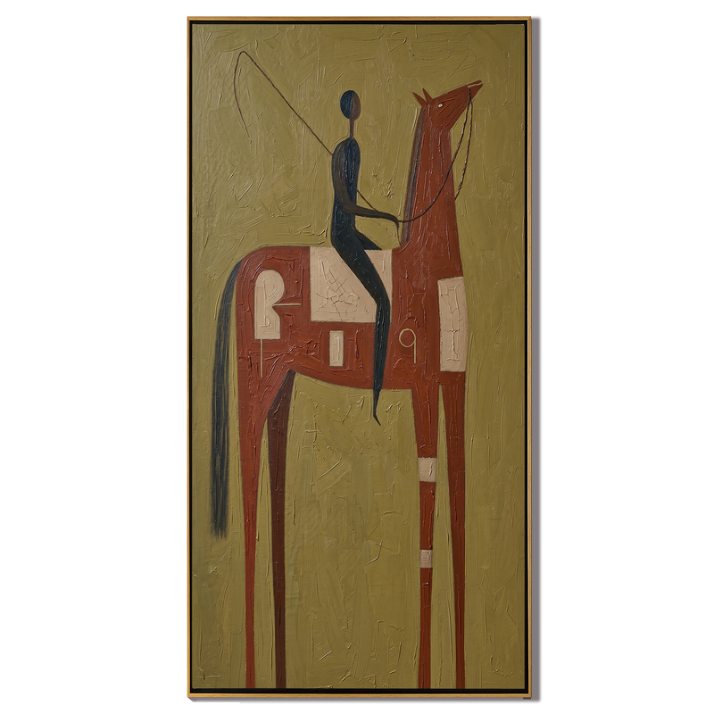 The Rust Rider – Vintage Americana Rider on Terracotta Horse Painting | Bold Rustic Hallway Art