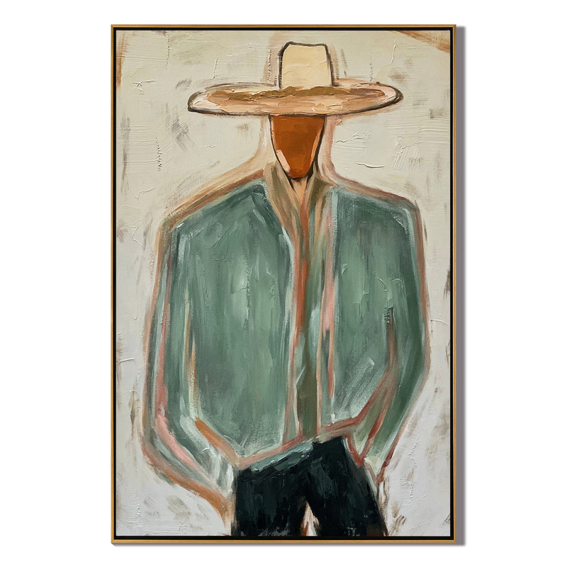 The Wanderer's Soul - Modern Sage Green Cowboy Figurative Painting | Mid-Century Abstract Entryway Art