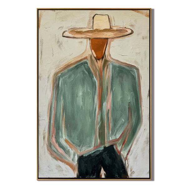 The Wanderer's Soul - Modern Sage Green Cowboy Figurative Painting | Mid-Century Abstract Entryway Art