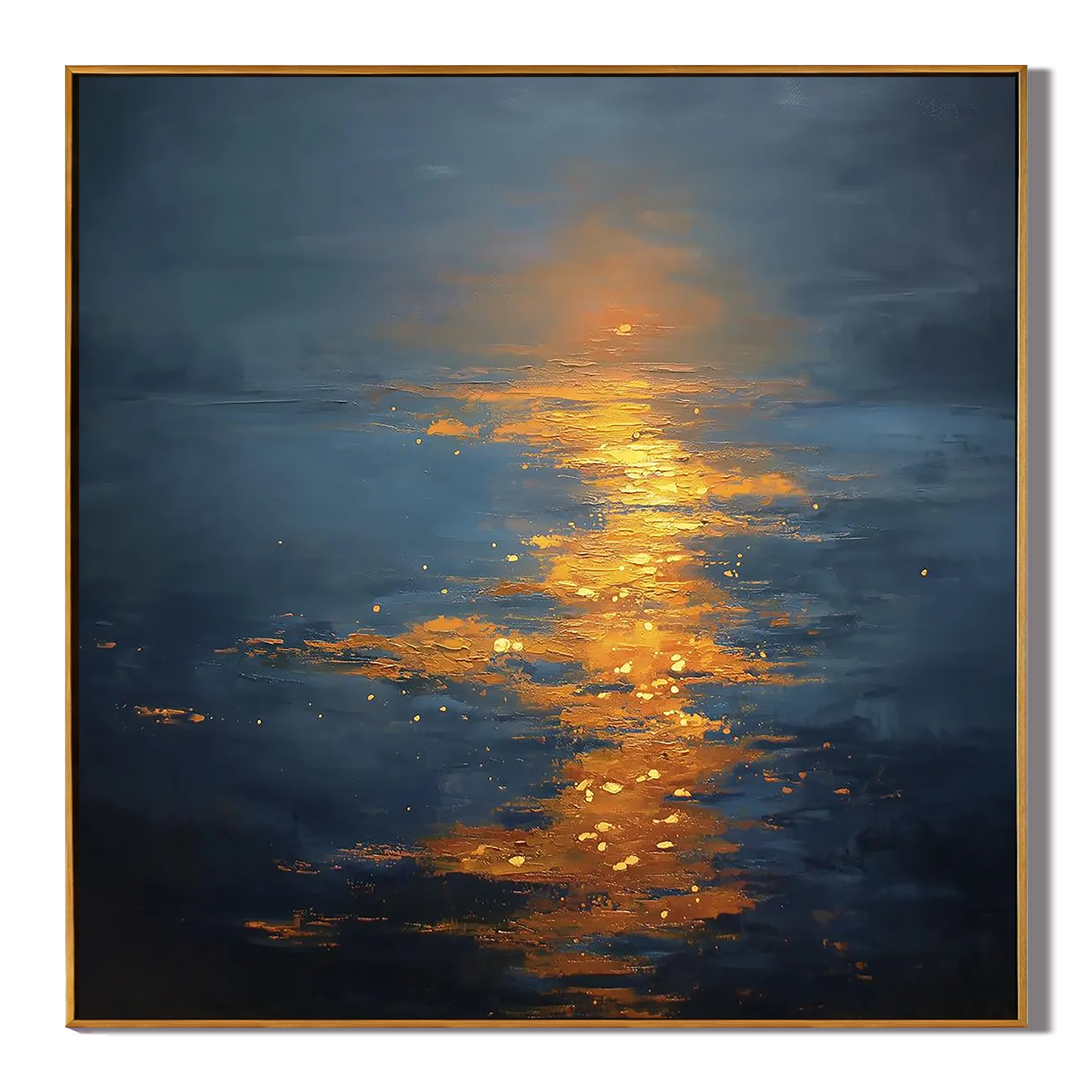 GOLDEN PATH: Modern Square 3D Heavy Texture Seascape Wall Art, Deep Blue & Gold Sunset Impasto