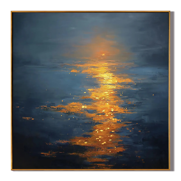 Golden Path – Deep Blue & Gold Sunset Impasto Texture Painting | Coastal Modern Living Room & Bedroom Art