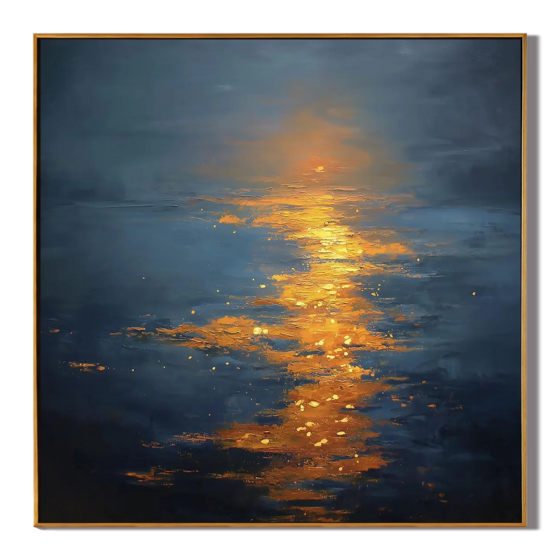 Golden Path – Deep Blue & Gold Sunset Impasto Texture Painting | Coastal Modern Living Room & Bedroom Art