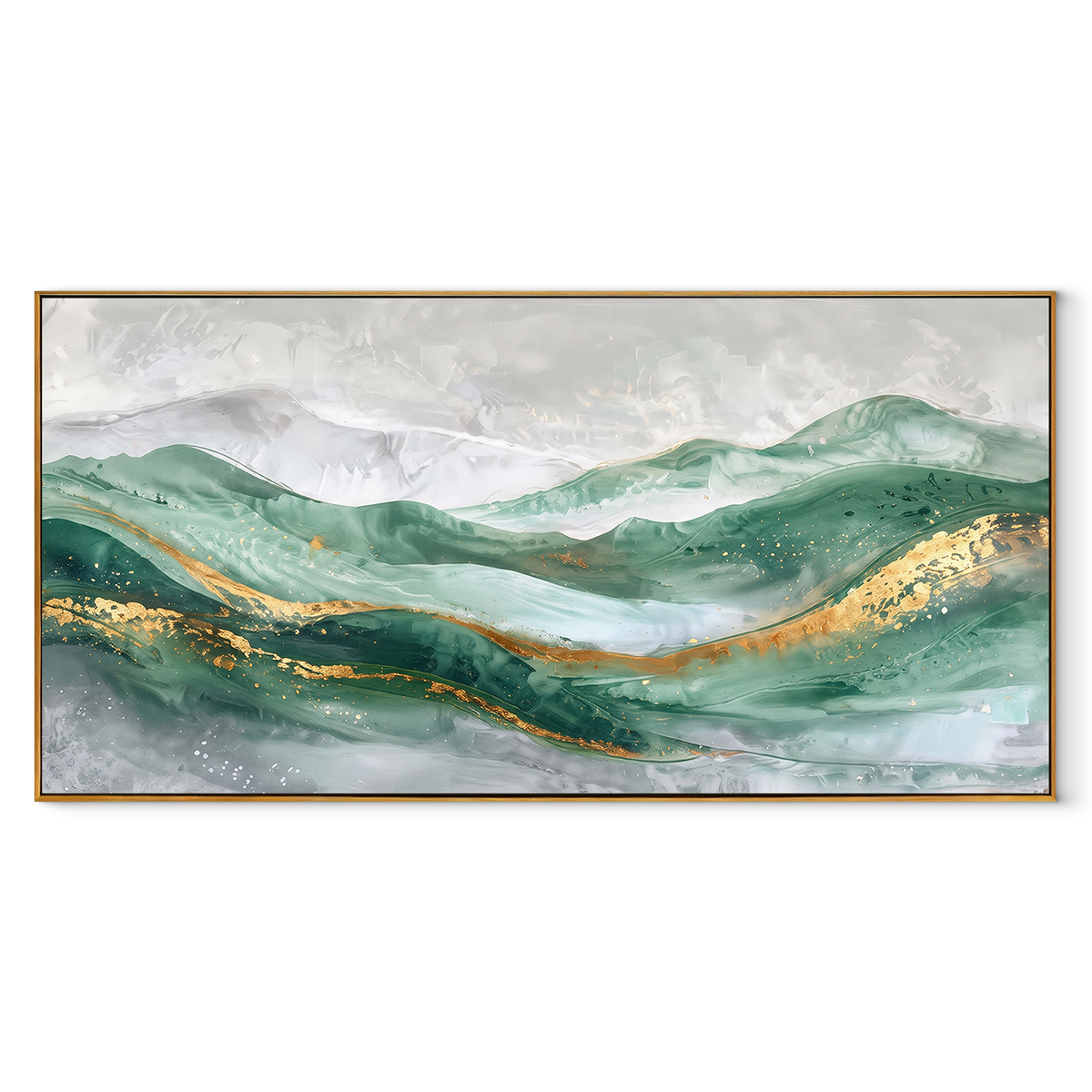 Emerald Hills Hold Gold – Green Gold Mountain Abstract Painting | Modern Horizontal Wall Art
