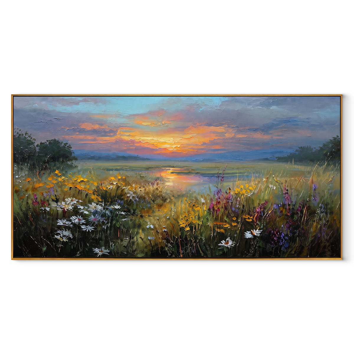 Wildflowers Under Sunset – Sunset Wildflower Meadow Painting | Modern Horizontal Wall Art