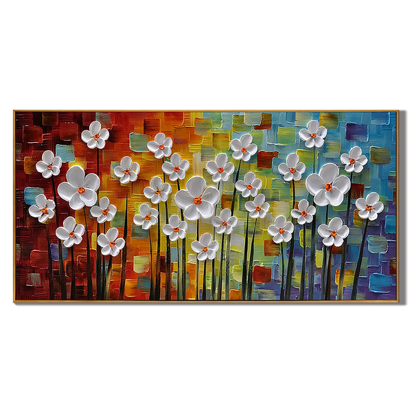 Rainbow Bloom – Vibrant Mosaic Background Relief Floral Painting | Vibrant Botanical Living Room & Dining Room Art