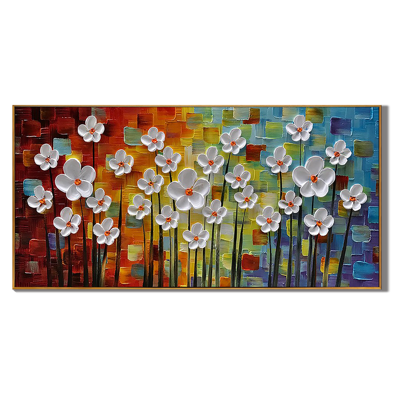 Rainbow Bloom – Vibrant Mosaic Background Relief Floral Painting | Vibrant Botanical Living Room & Dining Room Art
