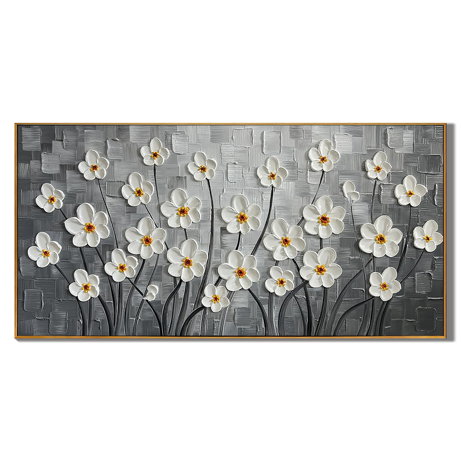 SILVER BLOOM: Panoramic 3D Heavy Texture Floral Wall Art, White Flower Relief Painting