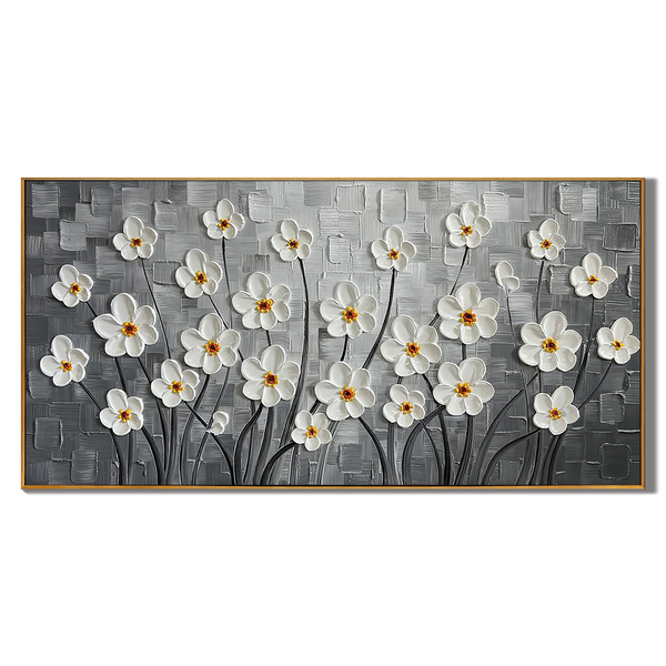 Silver Bloom – White Flower Relief Floral Painting | Contemporary Botanical Bedroom & Living Room Art