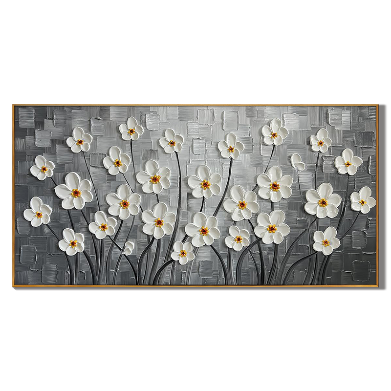 Silver Bloom – White Flower Relief Floral Painting | Contemporary Botanical Bedroom & Living Room Art