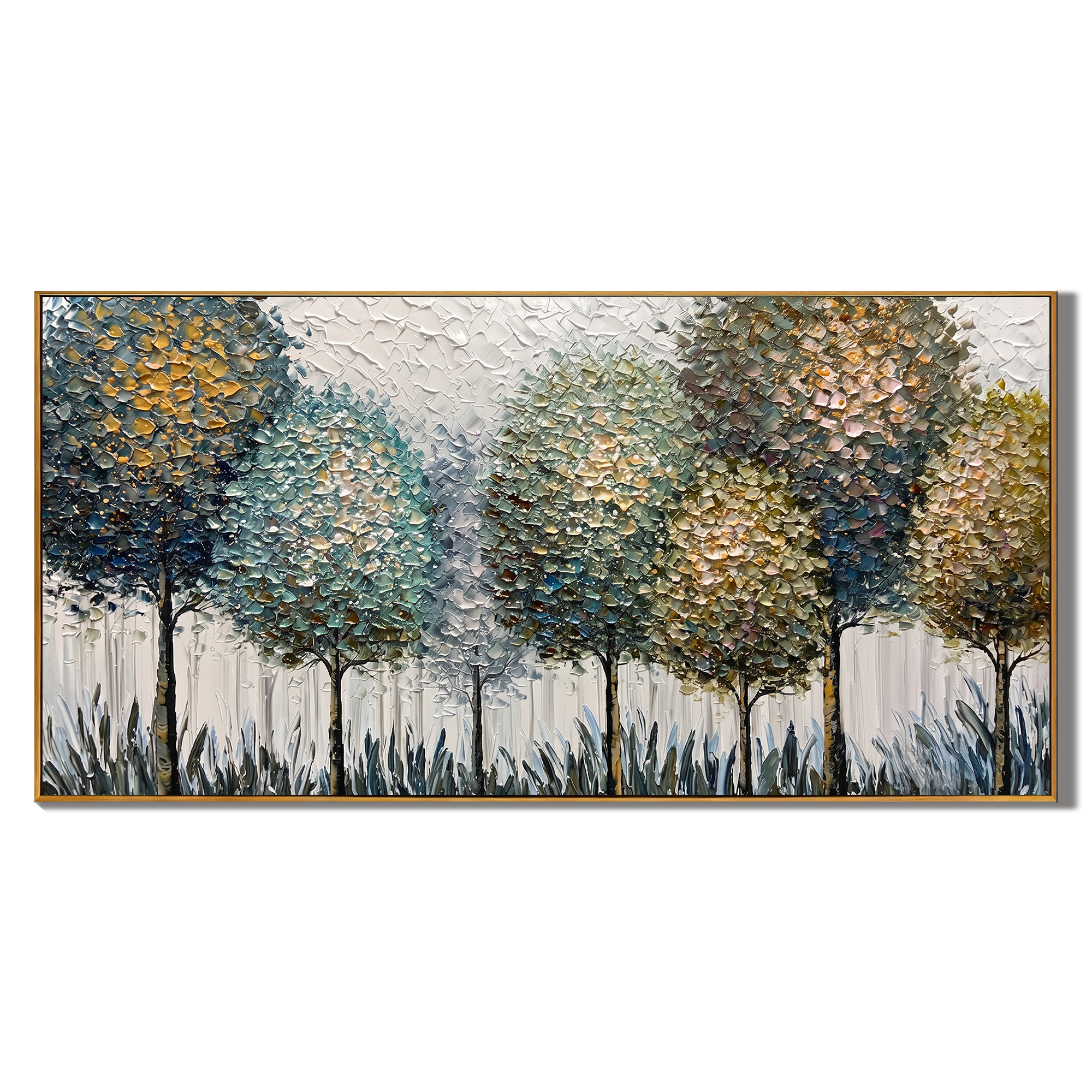 Morning Whispers – Blue-Grey & Gold Impasto Abstract Tree Landscape | Modern Luxury Bedroom Art