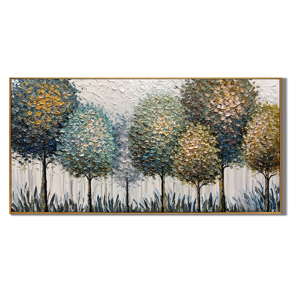 Morning Whispers – Blue-Grey & Gold Impasto Abstract Tree Landscape | Modern Luxury Bedroom Art