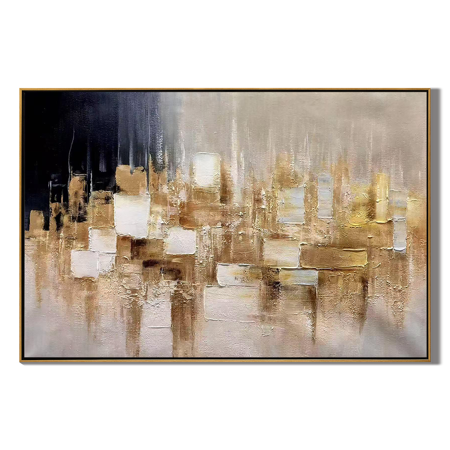 Golden Skyline – Luxury Abstract Urban Landscape Painting | Large Horizontal Impasto Living Room Art