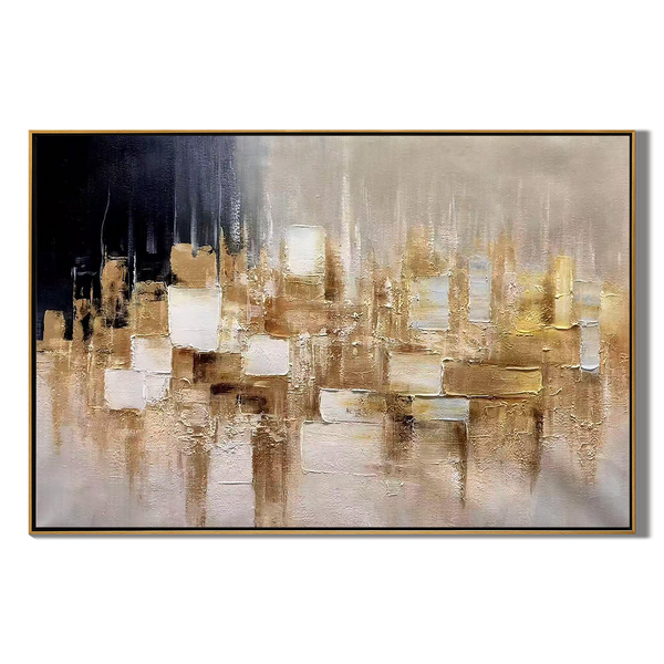 Golden Skyline – Luxury Abstract Urban Landscape Painting | Large Horizontal Impasto Living Room Art