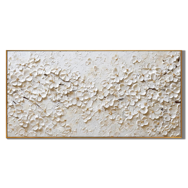 Champagne Melodies – Luxury All-White Floral Heavy Textured Painting | Large Horizontal Living Room Art