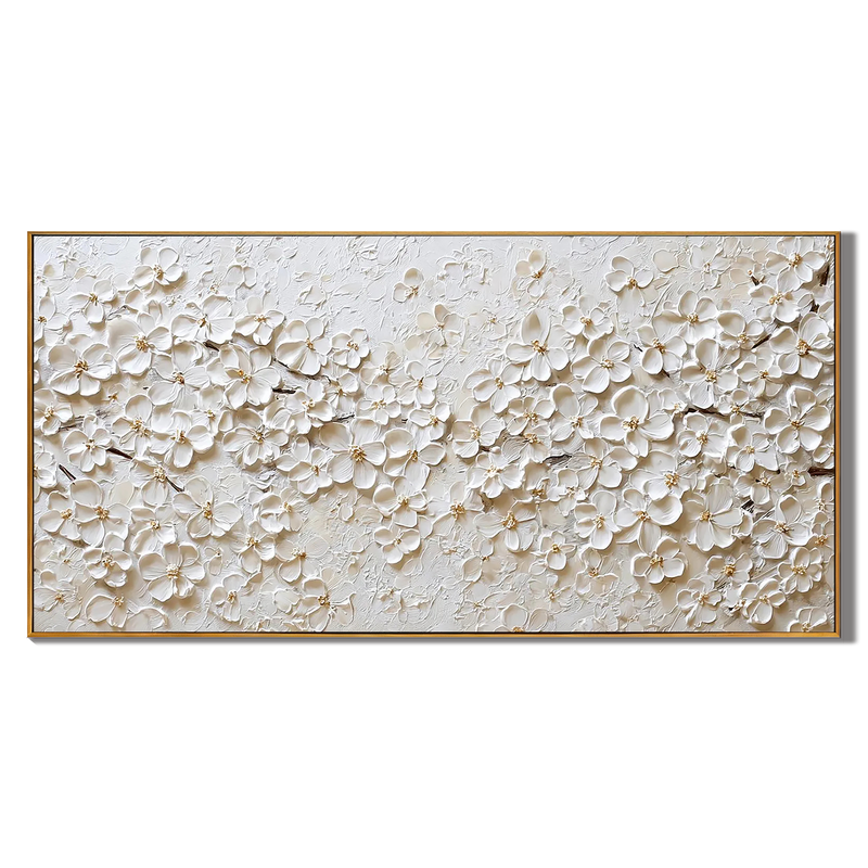 Champagne Melodies – Luxury All-White Floral Heavy Textured Painting | Large Horizontal Living Room Art