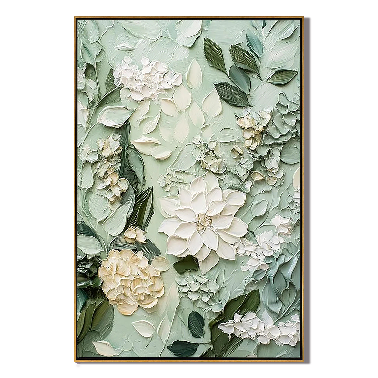 SAGE BLOSSOM: Floral Wall Art, Hand-Painted Sage Green and Creamy White 3D Impasto Heavy Texture Studio Art