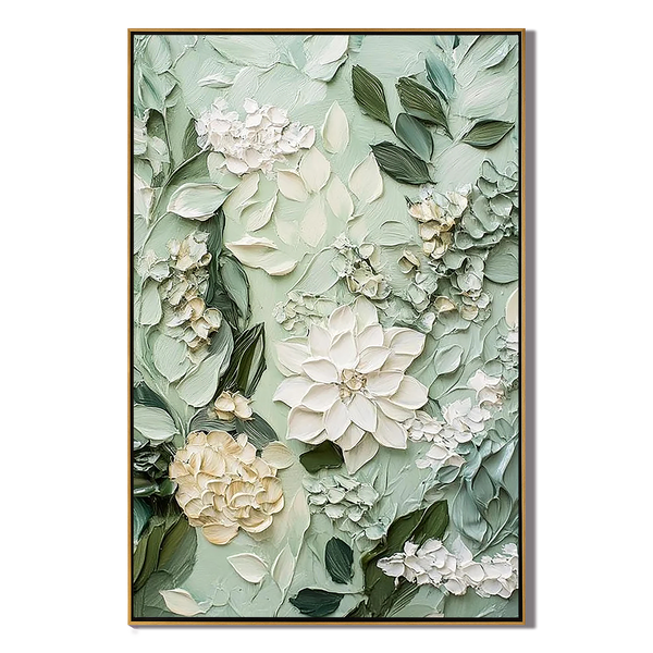 Sage Blossom – Hand-Painted Sage Green and Creamy White 3D Floral Painting | Tropical Botanical Bedroom & Dining Room Art