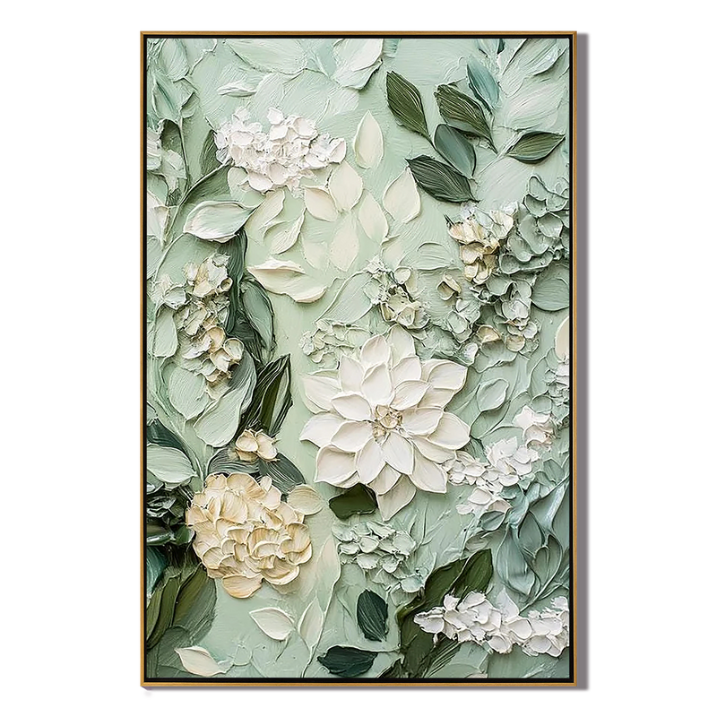 Sage Blossom – Hand-Painted Sage Green and Creamy White 3D Floral Painting | Tropical Botanical Bedroom & Dining Room Art