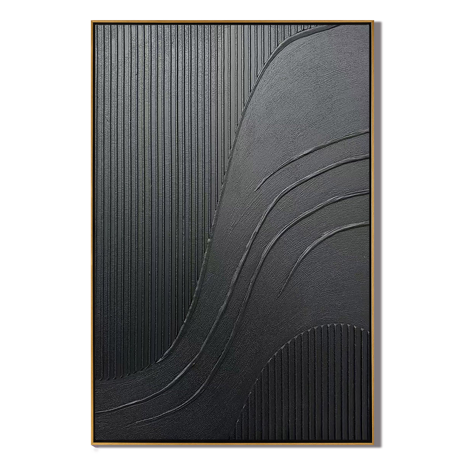 OBSIDIAN FLOW: Wabi-Sabi Wall Art, Hand-Painted Pure Black Plaster Effect Multi-Layered Relief Textured Canvas Painting