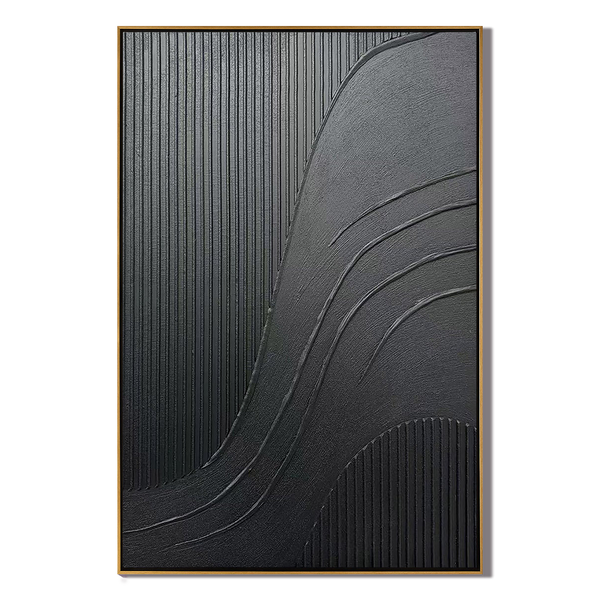 Obsidian Flow – Hand-Painted Pure Black Plaster Effect Multi-Layered Relief Wabi-Sabi Painting | Modern Noir Wabi-Sabi Living Room & Home Office Art