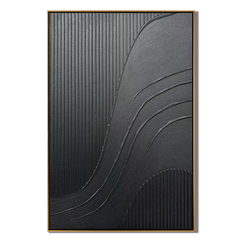 Obsidian Flow – Hand-Painted Pure Black Plaster Effect Multi-Layered Relief Wabi-Sabi Painting | Modern Noir Wabi-Sabi Living Room & Home Office Art