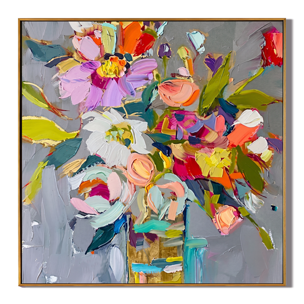 Vibrant Rhapsody – Modern Colorful Abstract Floral Oil Painting | Creative Textured Bedroom Art